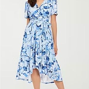 London Style Blue Floral High-Low Wrap Dress